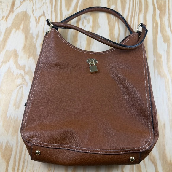 London Fog Handbags - London Fog Cognac Brown Pebbled Leather Hobo Bag Gold Padlock Shoulder Bag